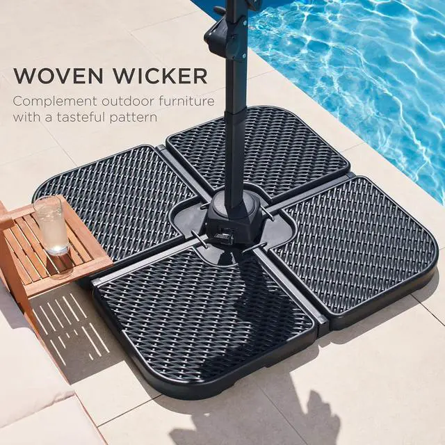 Alt view image 5 of 7 - 4-Piece 174lb Capacity Faux Wicker Cantilever Offset Patio Umbrella Stand Heavy-Duty Square Plate Set w/Easy-Fill Spouts for Water or Sand