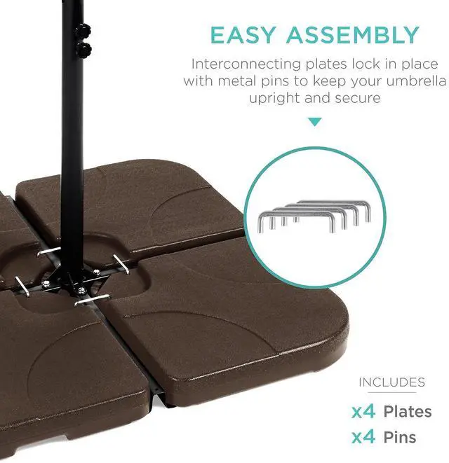 Alt view image 4 of 7 - 4-Piece 155lb Capacity Heavy-Duty Cantilever Offset Patio Umbrella Stand Square Base Plate Set w/Easy-Fill Spouts for Water or Sand - Brown