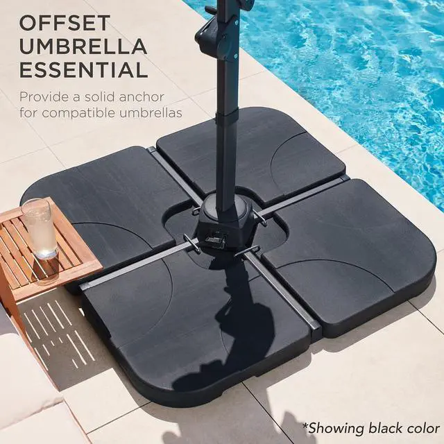 Alt view image 5 of 7 - 4-Piece 155lb Capacity Heavy-Duty Cantilever Offset Patio Umbrella Stand Square Base Plate Set w/Easy-Fill Spouts for Water or Sand - Brown