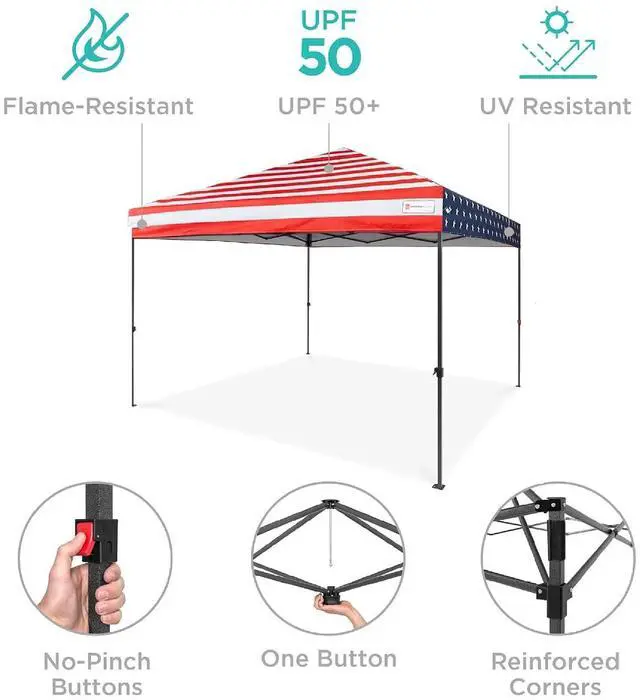 Alt view image 4 of 7 - 10x10ft Pop Up Canopy Tent, Outdoor Shade, 1 Person 1 Minute Set Up, Carry Case, 4 Weight Bags - American Flag
