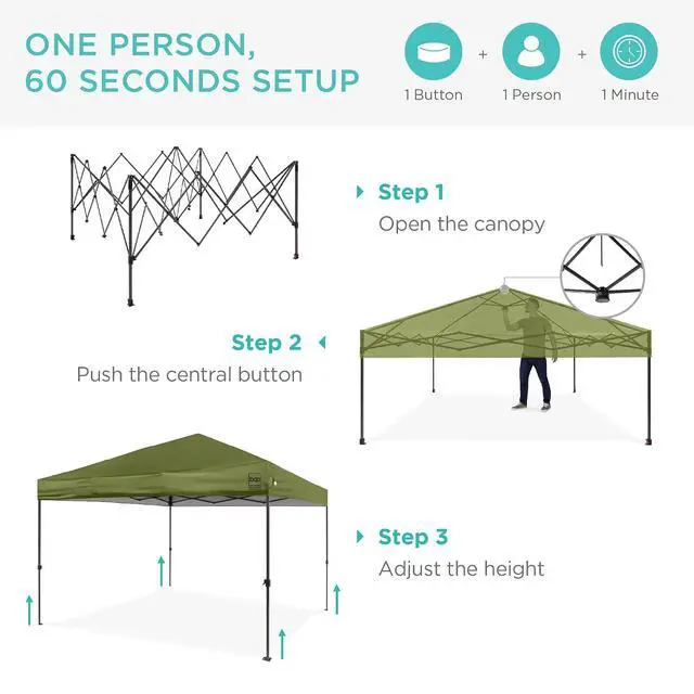 Alt view image 2 of 7 - 10x10ft Pop Up Canopy Tent, Outdoor Shade, 1 Person 1 Minute Set Up, Carry Case, 4 Weight Bags - Olive Green