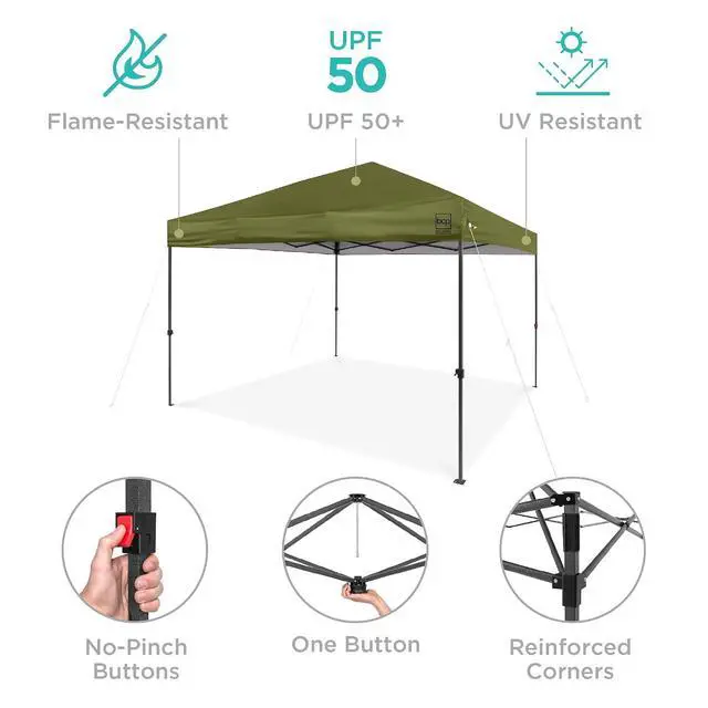 Alt view image 4 of 7 - 10x10ft Pop Up Canopy Tent, Outdoor Shade, 1 Person 1 Minute Set Up, Carry Case, 4 Weight Bags - Olive Green