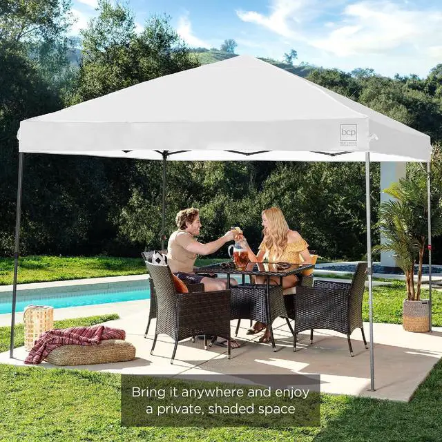 Alt view image 7 of 7 - 10x10ft Pop Up Canopy Tent, Outdoor Shade, 1 Person 1 Minute Set Up, Carry Case, 4 Weight Bags - Lilac/White
