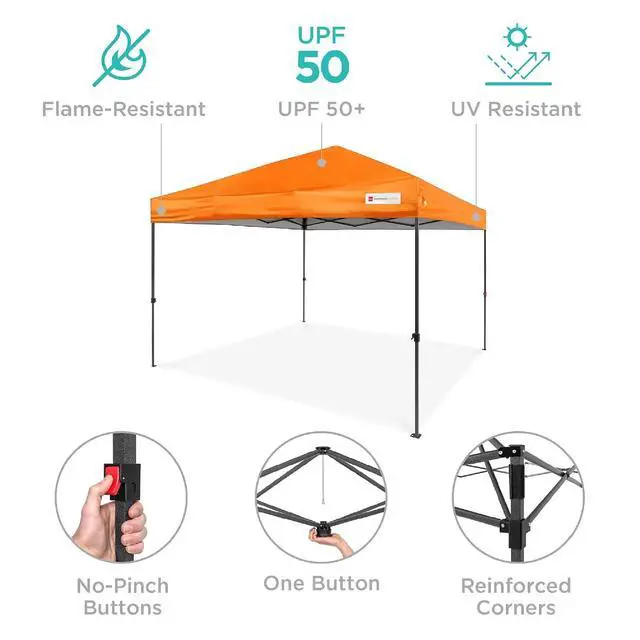 Alt view image 4 of 7 - 10x10ft Pop Up Canopy Tent, Outdoor Shade, 1 Person 1 Minute Set Up, Carry Case, 4 Weight Bags - Orange