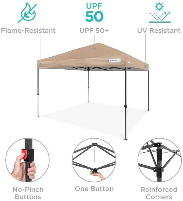 Alt view image 4 of 7 - 10x10ft Pop Up Canopy Tent, Outdoor Shade, 1 Person 1 Minute Set Up, Carry Case, 4 Weight Bags - Tan