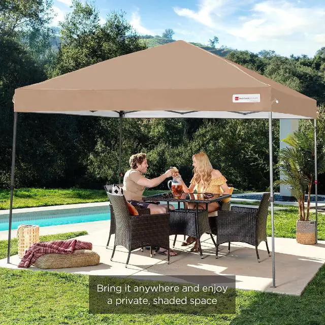 Alt view image 7 of 7 - 10x10ft Pop Up Canopy Tent, Outdoor Shade, 1 Person 1 Minute Set Up, Carry Case, 4 Weight Bags - Tan