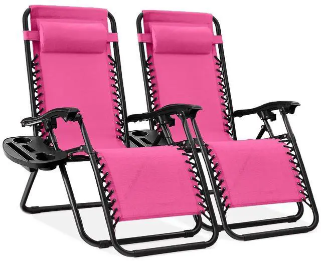 Main image of Set of 2 Adjustable Steel Mesh Zero Gravity Lounge Chair Recliners w/Pillows and Cup Holder Trays - Hot Pink/Black