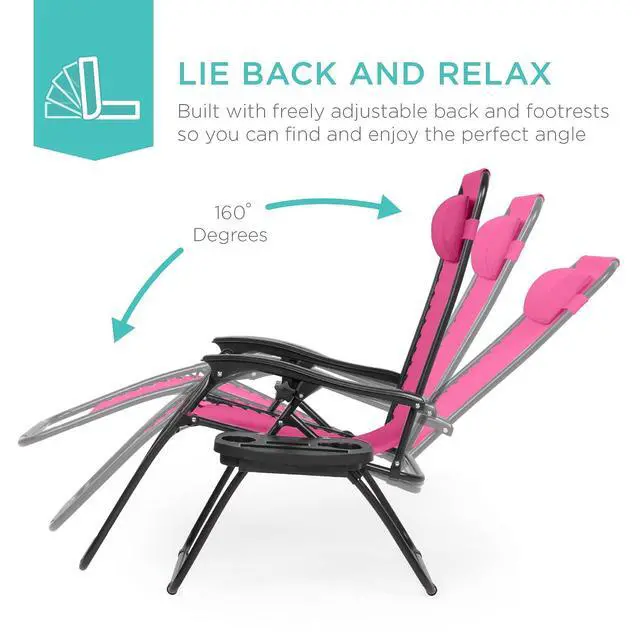 Alt view image 4 of 7 - Set of 2 Adjustable Steel Mesh Zero Gravity Lounge Chair Recliners w/Pillows and Cup Holder Trays - Hot Pink/Black