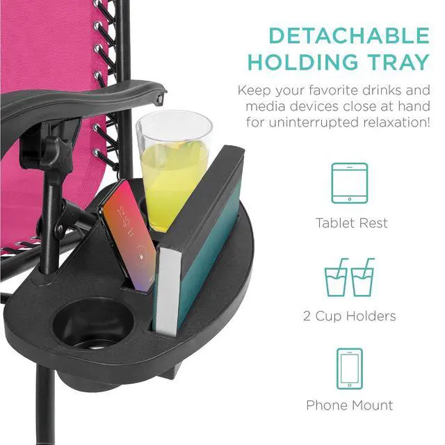 Alt view image 6 of 7 - Set of 2 Adjustable Steel Mesh Zero Gravity Lounge Chair Recliners w/Pillows and Cup Holder Trays - Hot Pink/Black