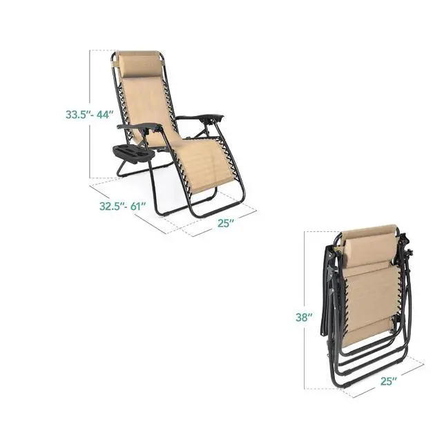 Alt view image 3 of 7 - Set of 2 Adjustable Steel Mesh Zero Gravity Lounge Chair Recliners w/Pillows and Cup Holder Trays - Sand
