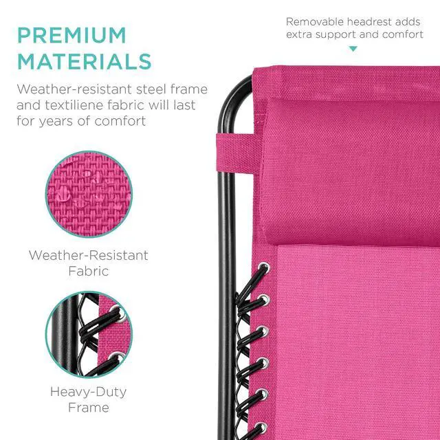 Alt view image 7 of 7 - Set of 2 Adjustable Steel Mesh Zero Gravity Lounge Chair Recliners w/Pillows and Cup Holder Trays - Hot Pink/Black