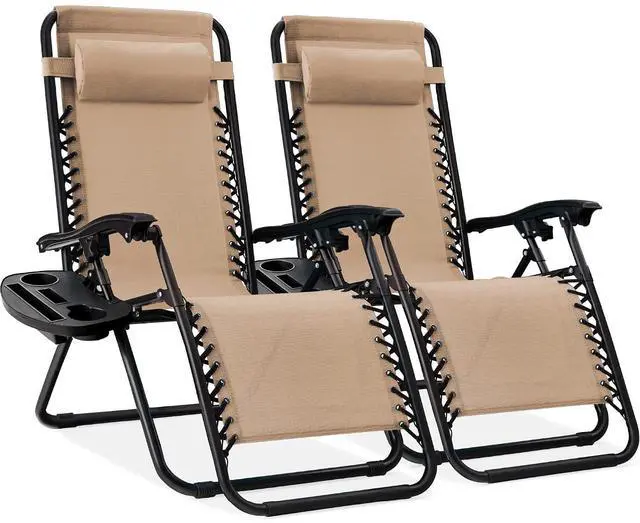 Main image of Set of 2 Adjustable Steel Mesh Zero Gravity Lounge Chair Recliners w/Pillows and Cup Holder Trays - Sand