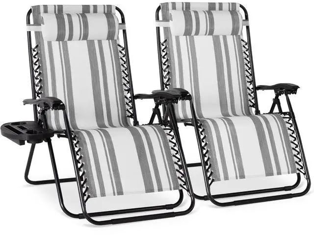 Main image of Set of 2 Extra Wide Adjustable Steel Mesh Zero Gravity Lounge Chair Recliners w/Pillows and Cup Holder Trays - Gray Stripes