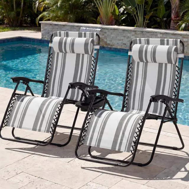 Alt view image 2 of 7 - Set of 2 Extra Wide Adjustable Steel Mesh Zero Gravity Lounge Chair Recliners w/Pillows and Cup Holder Trays - Gray Stripes