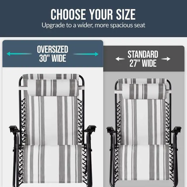 Alt view image 4 of 7 - Set of 2 Extra Wide Adjustable Steel Mesh Zero Gravity Lounge Chair Recliners w/Pillows and Cup Holder Trays - Gray Stripes