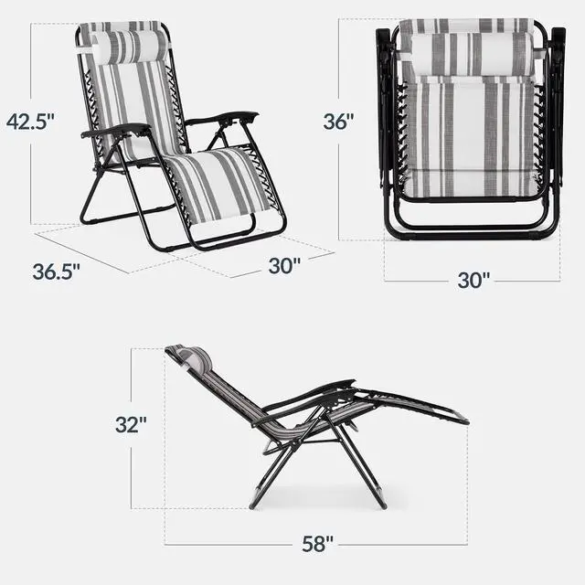 Alt view image 3 of 7 - Set of 2 Extra Wide Adjustable Steel Mesh Zero Gravity Lounge Chair Recliners w/Pillows and Cup Holder Trays - Gray Stripes