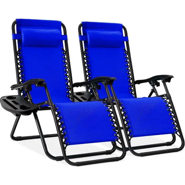 Main image of Set of 2 Adjustable Steel Mesh Zero Gravity Lounge Chair Recliners w/Pillows and Cup Holder Trays - Cobalt Blue