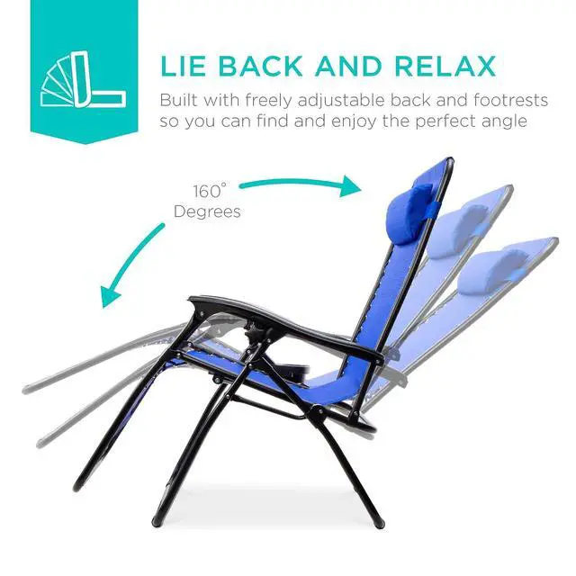 Alt view image 4 of 7 - Set of 2 Adjustable Steel Mesh Zero Gravity Lounge Chair Recliners w/Pillows and Cup Holder Trays - Cobalt Blue