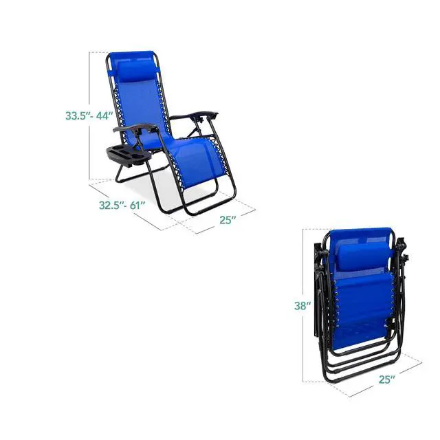 Alt view image 3 of 7 - Set of 2 Adjustable Steel Mesh Zero Gravity Lounge Chair Recliners w/Pillows and Cup Holder Trays - Cobalt Blue