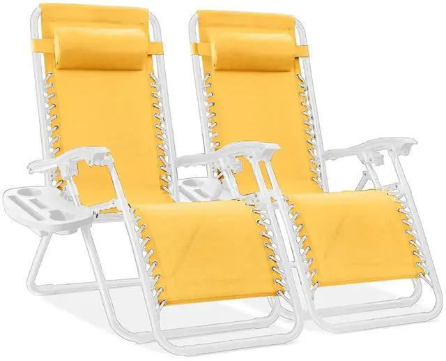 Main image of Set of 2 Adjustable Steel Mesh Zero Gravity Lounge Chair Recliners w/Pillows and Cup Holder Trays - Marigold/White