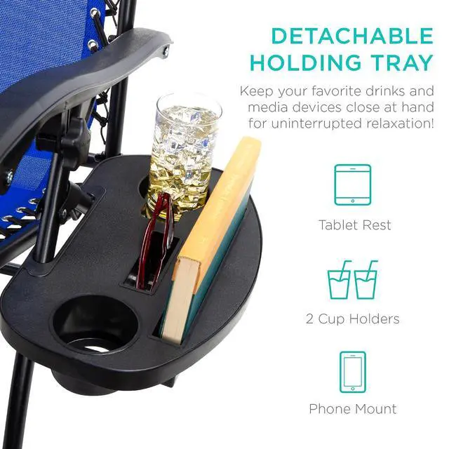 Alt view image 6 of 7 - Set of 2 Adjustable Steel Mesh Zero Gravity Lounge Chair Recliners w/Pillows and Cup Holder Trays - Cobalt Blue