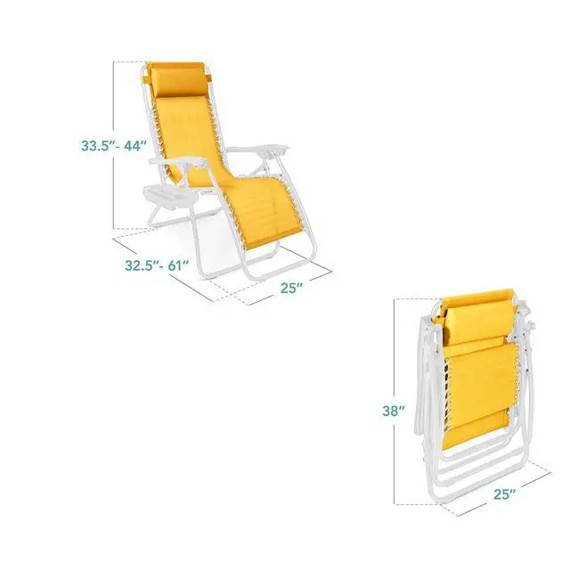 Alt view image 3 of 7 - Set of 2 Adjustable Steel Mesh Zero Gravity Lounge Chair Recliners w/Pillows and Cup Holder Trays - Marigold/White