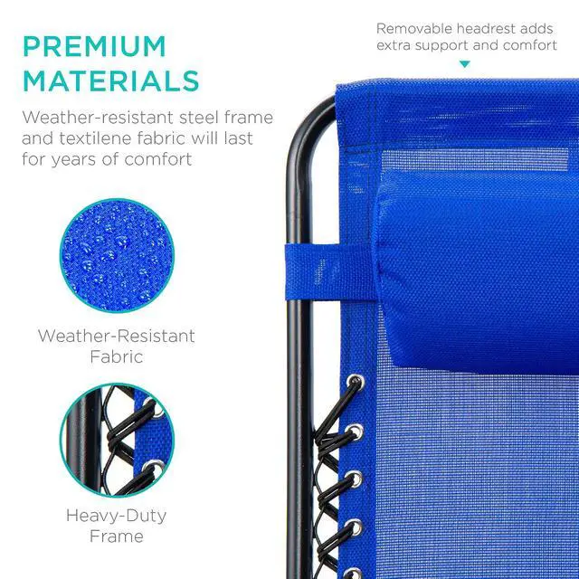 Alt view image 7 of 7 - Set of 2 Adjustable Steel Mesh Zero Gravity Lounge Chair Recliners w/Pillows and Cup Holder Trays - Cobalt Blue