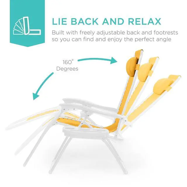 Alt view image 4 of 7 - Set of 2 Adjustable Steel Mesh Zero Gravity Lounge Chair Recliners w/Pillows and Cup Holder Trays - Marigold/White