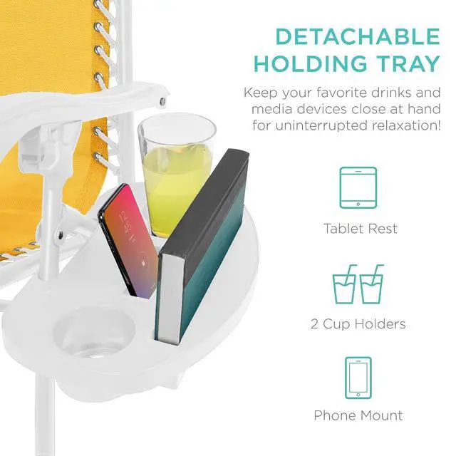Alt view image 6 of 7 - Set of 2 Adjustable Steel Mesh Zero Gravity Lounge Chair Recliners w/Pillows and Cup Holder Trays - Marigold/White