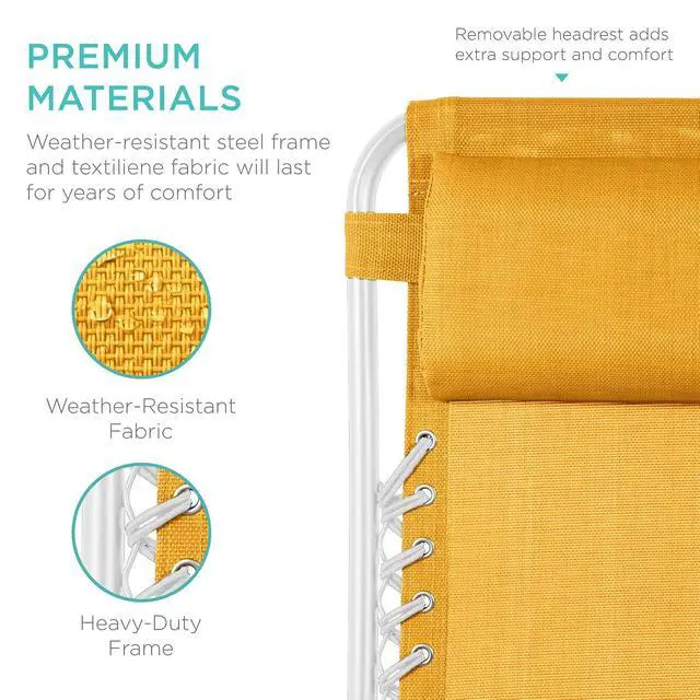 Alt view image 7 of 7 - Set of 2 Adjustable Steel Mesh Zero Gravity Lounge Chair Recliners w/Pillows and Cup Holder Trays - Marigold/White