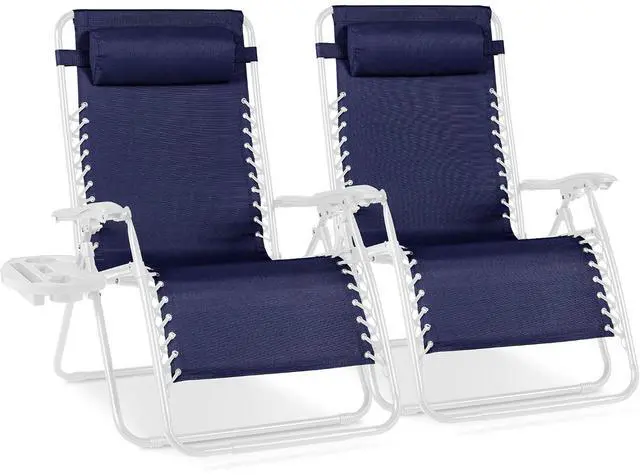 Main image of Set of 2 Extra Wide Adjustable Steel Mesh Zero Gravity Lounge Chair Recliners w/Pillows and Cup Holder Trays - Navy/White