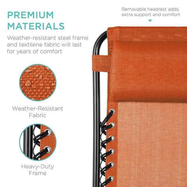 Alt view image 7 of 7 - Set of 2 Adjustable Steel Mesh Zero Gravity Lounge Chair Recliners w/Pillows and Cup Holder Trays - Burnt Orange