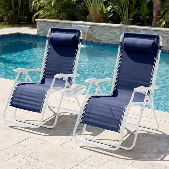 Alt view image 2 of 7 - Set of 2 Extra Wide Adjustable Steel Mesh Zero Gravity Lounge Chair Recliners w/Pillows and Cup Holder Trays - Navy/White