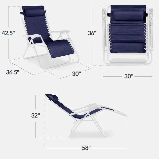 Alt view image 3 of 7 - Set of 2 Extra Wide Adjustable Steel Mesh Zero Gravity Lounge Chair Recliners w/Pillows and Cup Holder Trays - Navy/White