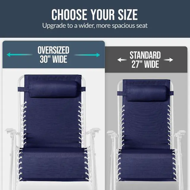 Alt view image 4 of 7 - Set of 2 Extra Wide Adjustable Steel Mesh Zero Gravity Lounge Chair Recliners w/Pillows and Cup Holder Trays - Navy/White