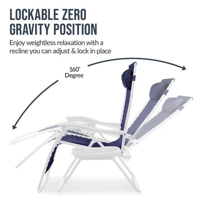 Alt view image 5 of 7 - Set of 2 Extra Wide Adjustable Steel Mesh Zero Gravity Lounge Chair Recliners w/Pillows and Cup Holder Trays - Navy/White