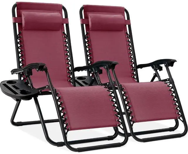 Main image of Set of 2 Adjustable Steel Mesh Zero Gravity Lounge Chair Recliners w/Pillows and Cup Holder Trays - Burgundy