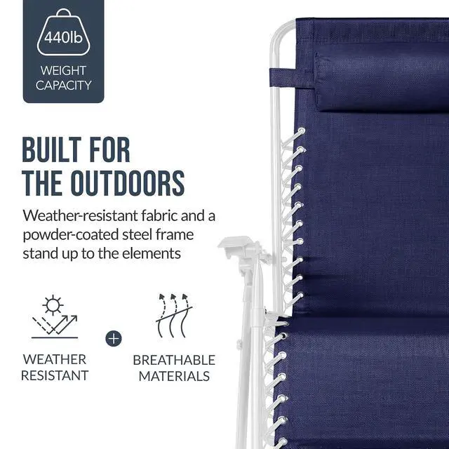 Alt view image 6 of 7 - Set of 2 Extra Wide Adjustable Steel Mesh Zero Gravity Lounge Chair Recliners w/Pillows and Cup Holder Trays - Navy/White