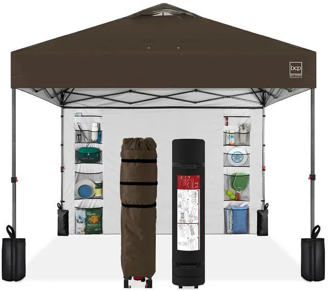 Main image of 10x10ft Pop Up Canopy Tent with Sidewall, 1 Person 1 Minute Set Up, Carry Case, 4 Weight Bags - Brown