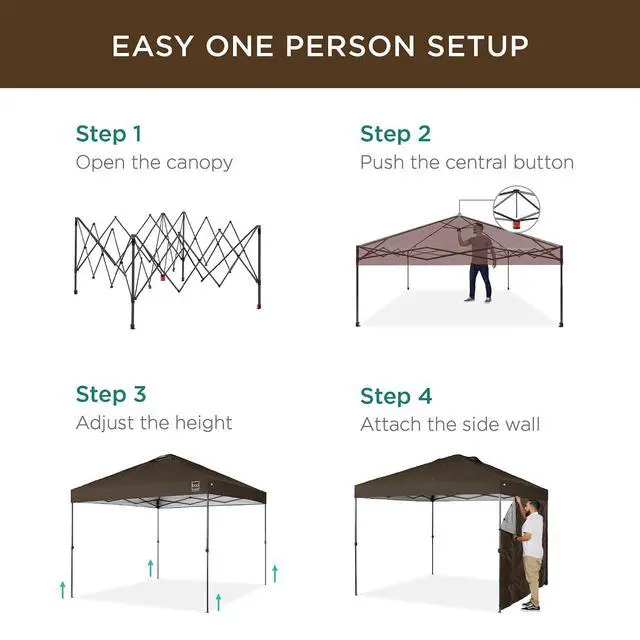Alt view image 3 of 7 - 10x10ft Pop Up Canopy Tent with Sidewall, 1 Person 1 Minute Set Up, Carry Case, 4 Weight Bags - Brown