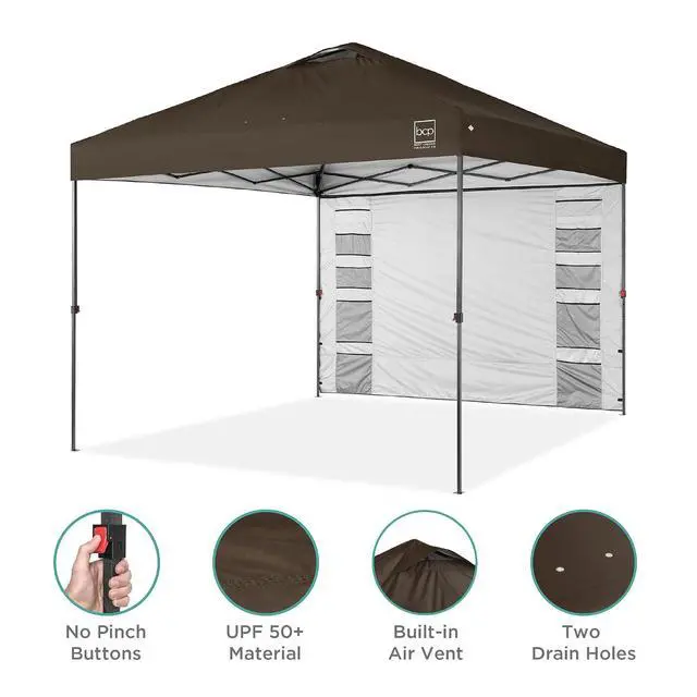 Alt view image 4 of 7 - 10x10ft Pop Up Canopy Tent with Sidewall, 1 Person 1 Minute Set Up, Carry Case, 4 Weight Bags - Brown