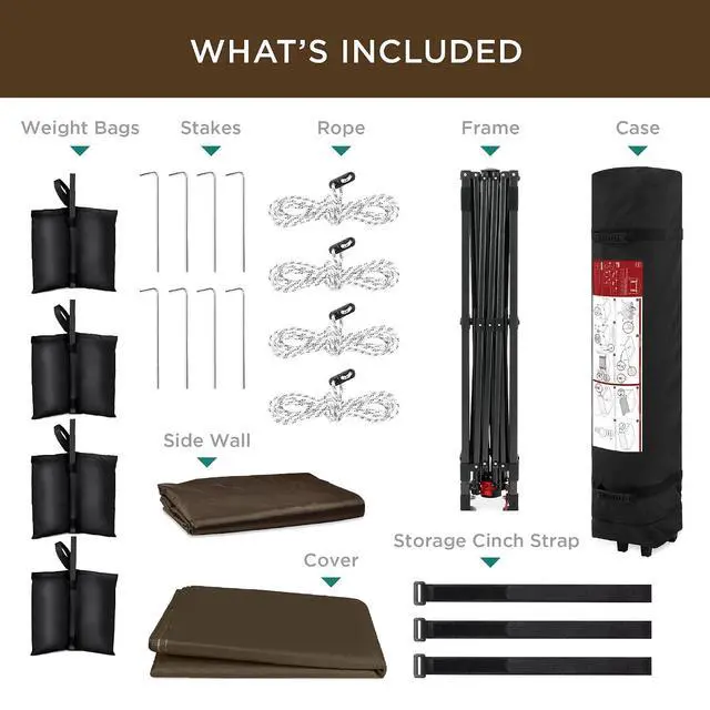 Alt view image 7 of 7 - 10x10ft Pop Up Canopy Tent with Sidewall, 1 Person 1 Minute Set Up, Carry Case, 4 Weight Bags - Brown