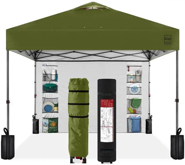 Main image of 10x10ft Pop Up Canopy Tent with Sidewall, 1 Person 1 Minute Set Up, Carry Case, 4 Weight Bags - Olive Green