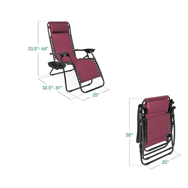 Alt view image 3 of 7 - Set of 2 Adjustable Steel Mesh Zero Gravity Lounge Chair Recliners w/Pillows and Cup Holder Trays - Burgundy
