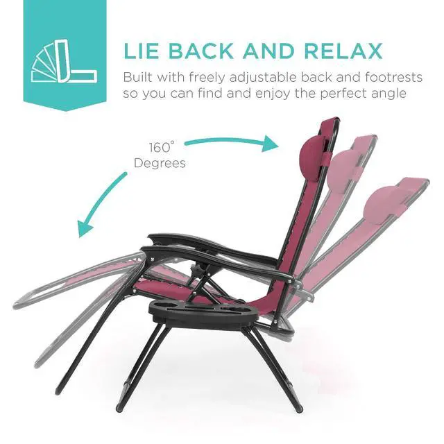 Alt view image 4 of 7 - Set of 2 Adjustable Steel Mesh Zero Gravity Lounge Chair Recliners w/Pillows and Cup Holder Trays - Burgundy