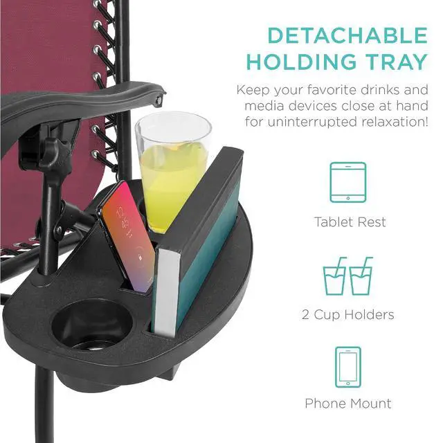 Alt view image 6 of 7 - Set of 2 Adjustable Steel Mesh Zero Gravity Lounge Chair Recliners w/Pillows and Cup Holder Trays - Burgundy