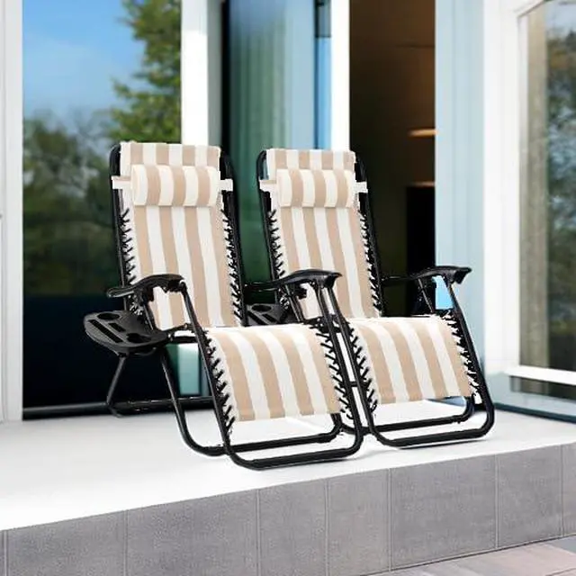 Alt view image 5 of 7 - Set of 2 Adjustable Steel Mesh Zero Gravity Lounge Chair Recliners w/Pillows and Cup Holder Trays - Tan Striped