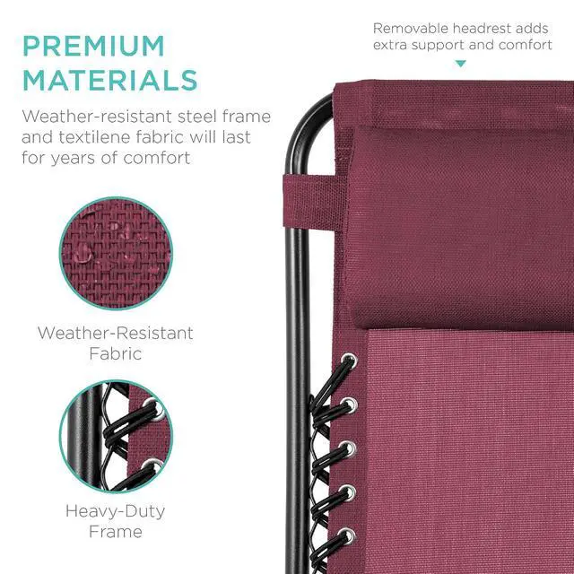 Alt view image 7 of 7 - Set of 2 Adjustable Steel Mesh Zero Gravity Lounge Chair Recliners w/Pillows and Cup Holder Trays - Burgundy