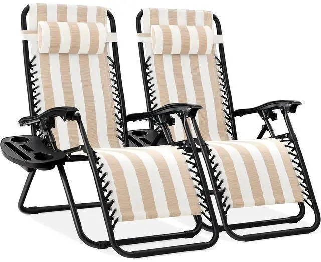 Main image of Set of 2 Adjustable Steel Mesh Zero Gravity Lounge Chair Recliners w/Pillows and Cup Holder Trays - Tan Striped