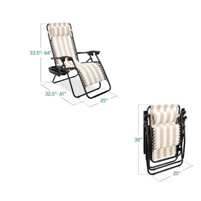 Alt view image 3 of 7 - Set of 2 Adjustable Steel Mesh Zero Gravity Lounge Chair Recliners w/Pillows and Cup Holder Trays - Tan Striped